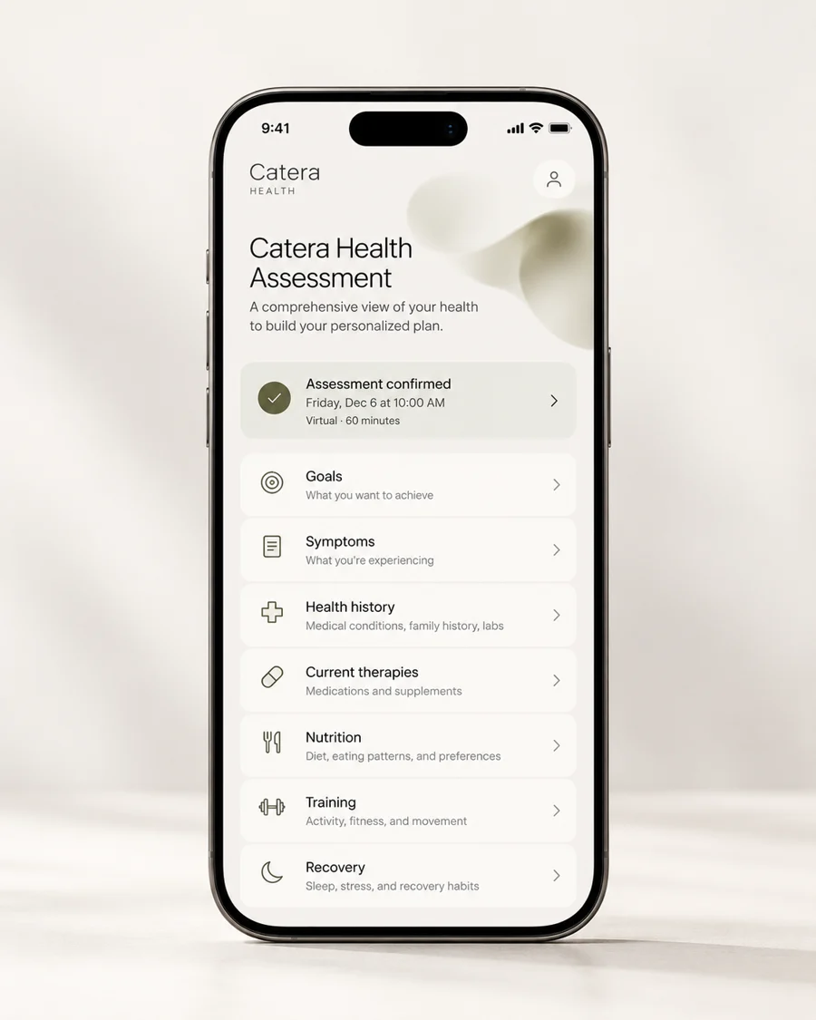 Catera Health Assessment on a phone covering goals, symptoms, health history, therapies, nutrition, training and recovery