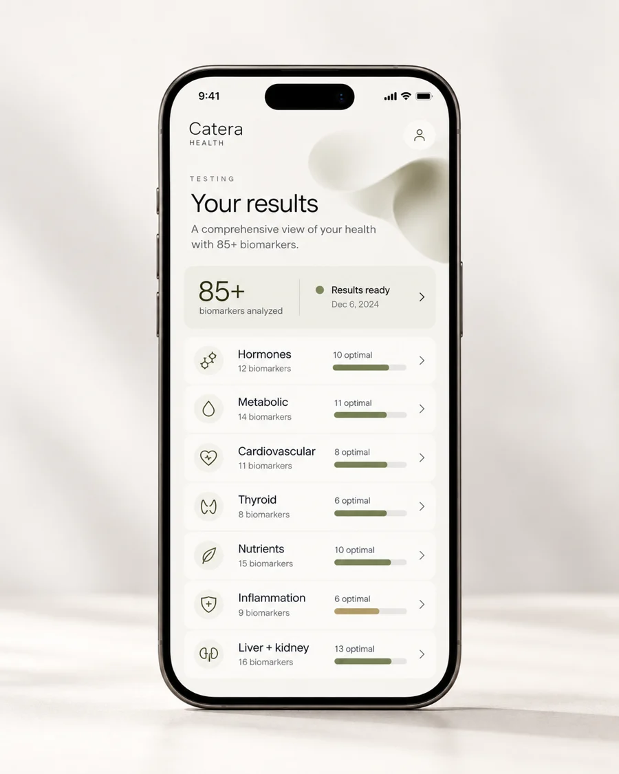 Catera results screen on a phone showing 85+ biomarkers analyzed across health systems